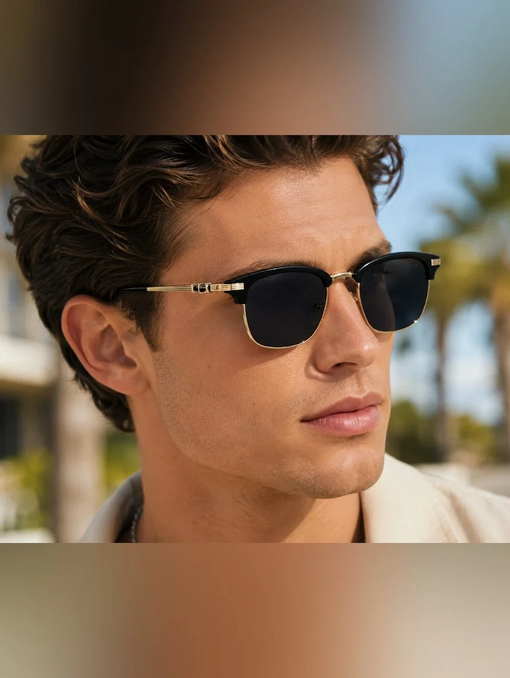 Vintage Style Half Rim Polarized Sunglasses Black Gold Rectangle UV400 Unisex